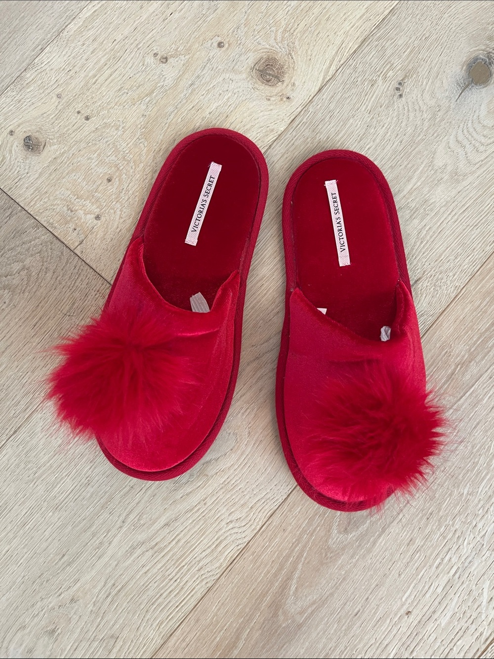 Victoria's Secret Red Velvet Pom-Pom Slide Slippers